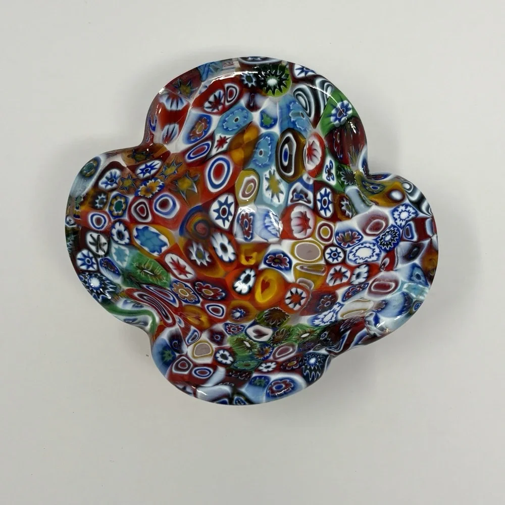 Vintage Murano Millefiori Art Glass Ruffled Bowl Candy Dish Multicolor